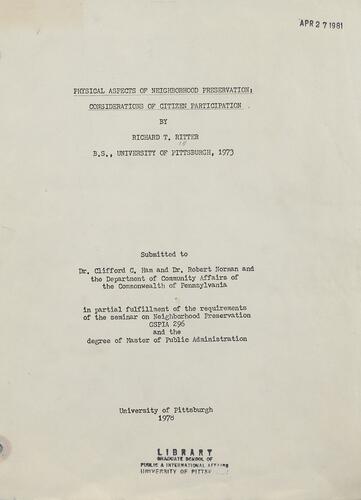 Physical aspects of neighborhood preservation: considerations of citizen participation