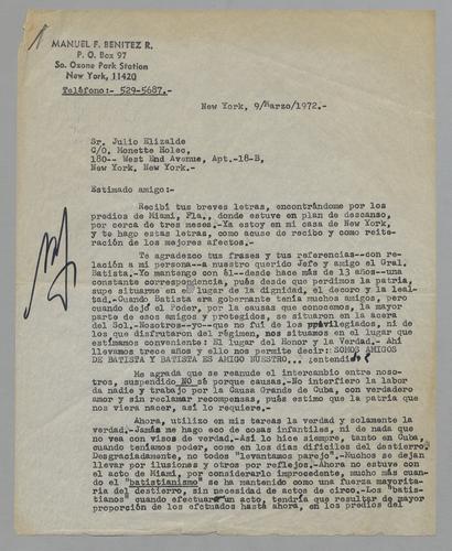 Correspondencia de Manuel F. Benítez R. a Julio Elizalde [Correspondence from Manuel F. Benítez R. to Julio Elizalde]