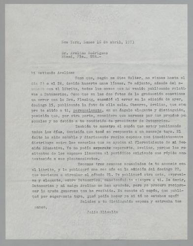 Correspondencia a Avelino Rodríguez [Correspondence to Avelino Rodriguez]