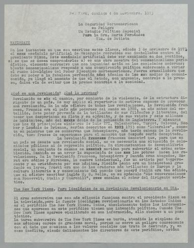 La seguridad norteamericana en peligro: Un estudio político especial, Para: Marta Fernández, Viuda de Batista [North American Security in Danger: A Special Political Study, To: Marta Fernández, Widow of Batista]