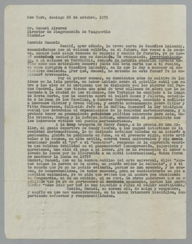 Correspondencia a Manuel Álvarez, Director de Diagramación de Vanguardia [Correspondence to Manuel Álvarez, Director of Vanguard Design]