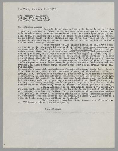 Correspondencia a la Sra. Amparo Villanueva [Correspondence to Mrs. Amparo Villanueva]