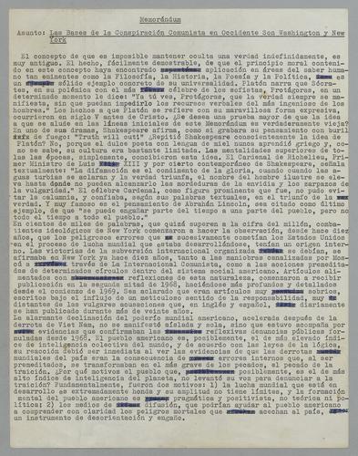 Memorándum: Las bases de la conspiración comunista en occidente son Washington y New York [Memorandum: The Bases of Communist Conspiracy in the West Are Washington and New York]