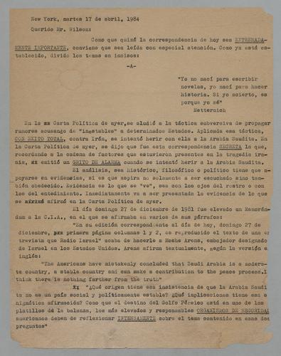 Correspondencia a Mr. Wilson [Correspondence to Mr. Wilson]