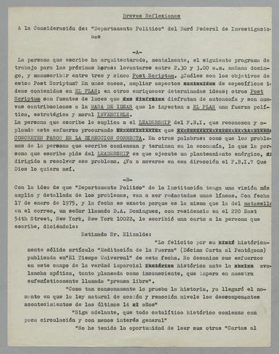Breves reflexiones, Para: Departamento Político del Buró Federal de Investigaciones [Brief Reflections, To: Political Department of the Federal Bureau of Investigations]
