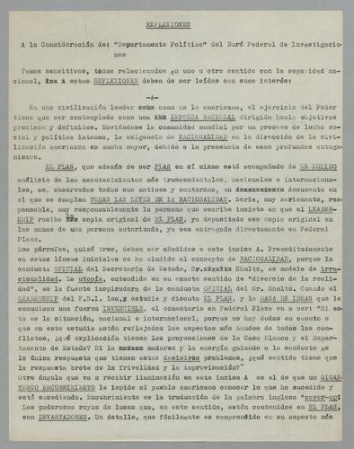 Reflexiones, Para: Departamento Político del Buró Federal de Investigaciones [Reflections, To: Political Department of the Federal Bureau of Investigations]
