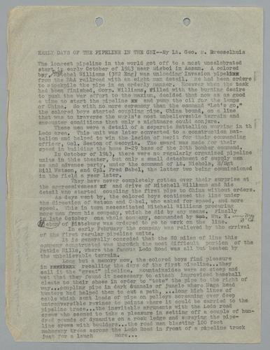 Draft of "Early Days of the Pipeline in the CBI" [China-Burma-India Theater]