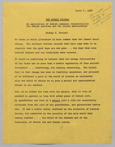 Sidney Z. Vincent, "The Double Dilemma: An Exploration of the Jewish Communal Responsibility for Jewish Survival and for Social Amelioration"