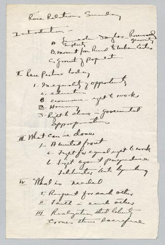 Outline, "Race Relations Sunday," Coordinating Committee, Central Baptist Church, (Pittsburgh, Pa. ?)