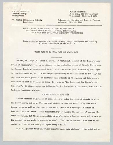 News Release, Lincoln University, "Fuller Share of the Negro In American Life Would Strengthen Nation..."