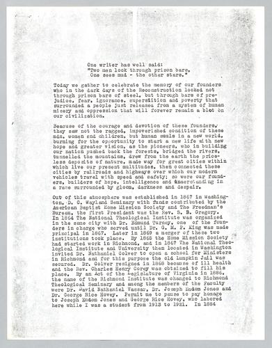 A speech at Virginia Union University (formerly Richmond Theological Institute and Wayland Seminary) regarding the founders