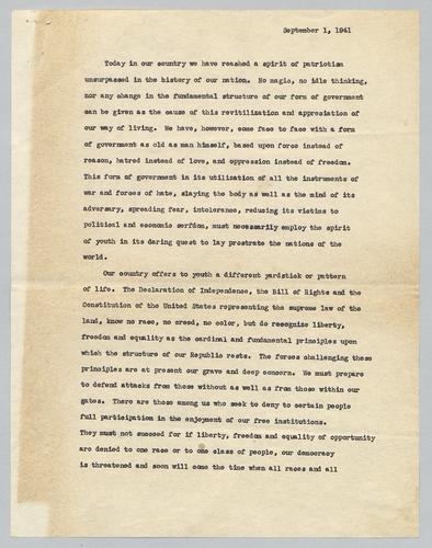 Remarks prior to First Lady Eleanor Roosevelts visit to Pittsburgh to address the "Youth in Democracy" Rally at the Syria Mosque on September 4th, 1941
