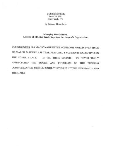 "Managing Your Mission: Lessons of Effective Leadership from the Nonprofit Organization"
