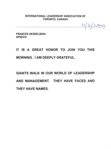 Speech to International Leadership Association of Toronto, Canada