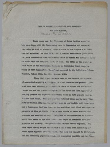 Dr. Moses H. Baker, "Case of Congenital Syphilis with Apparently Healthy Parents"