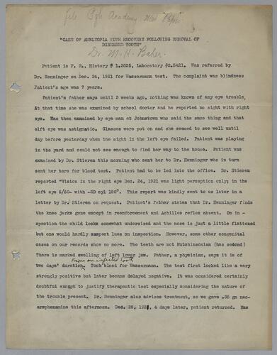 Dr. M. H. Baker, "Case of Amblyopia with Recovery Following Removal of Diseased Tooth"