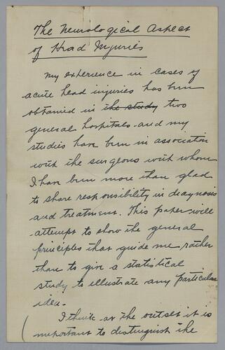 Dr. G. J. Wright, "The Neurological Aspects of Head Injuries"