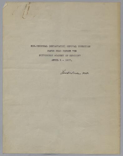 Dr. Theodore Baker, "Non-Veneral (Metastic) Genital Infection"