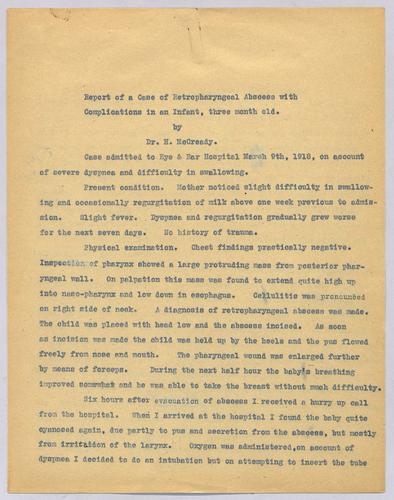 Dr. H. McReady, "Report of a Case of Retropharyngeal Abcess with Complications in an Infant, three month old,"