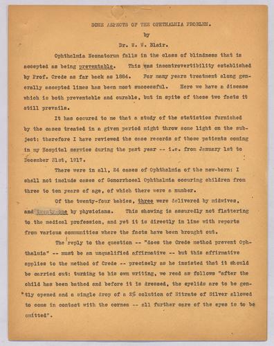 Dr. W. W. Blair, "Some Aspects of the Ophthalmia Problem,"