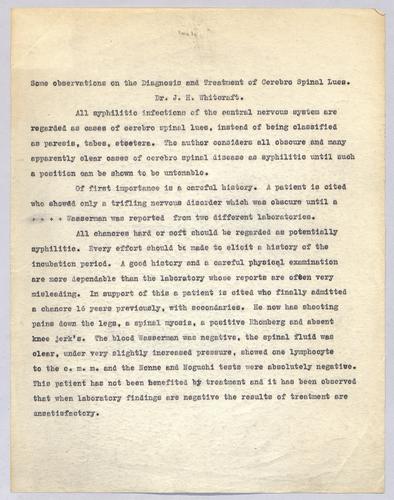 Dr. J. H. Whitcraft, "Some Observations on the Diagnosis and Treatment of Cerebro Spinal Lues,"