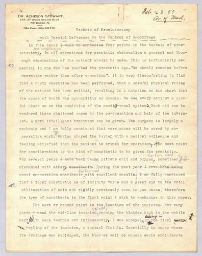 Dr. Acheson Stewart, "Technic of Prostatectomy"