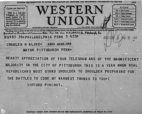 Telegram From Govenor Pinchot