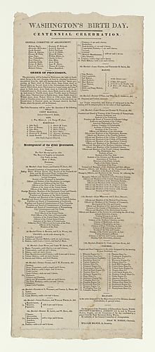 Washington birth day centennial celebration.