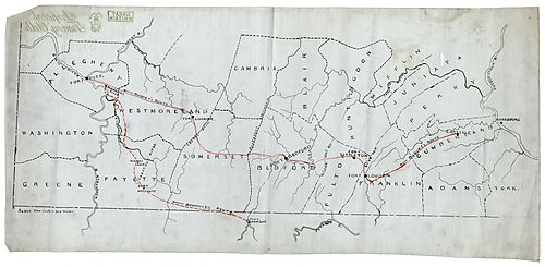 Map showing Braddock's route from Fort Cumberland