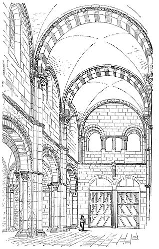 Drawing of the western 3 bays of the nave, looking west