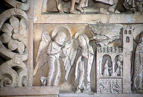 North portal of the Nave: Tympanum - Lower Register- Pilgrims return from Emmaus