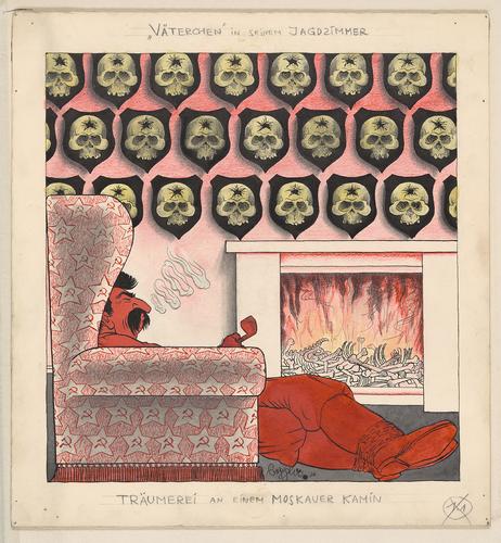 "Daydreaming by a Moscow Fireplace. Grandpa in his Hunting Room." (Träumereí an eínem Moskauer kamín "Väterchen" in seinem Jagdzímmer)