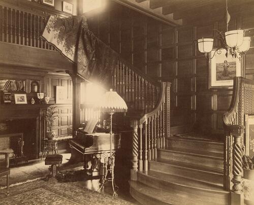 Interior staircase, located in the entry way of the Allegheny City home of Lewis and Emma Riddle Irwin