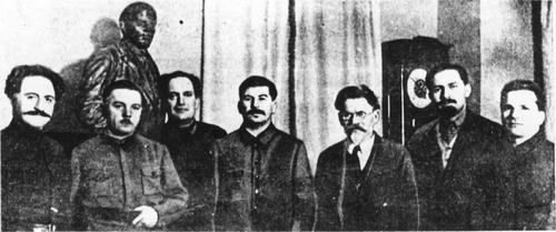 [The "Lenin's Guard": (from left to right) K. Voroshilov, V. Kuibishev, Stalin, M. Kalinin, L. Kaganovich, S. Kirov. The photograph was published on the occasion of Stalin's 50th birthday]