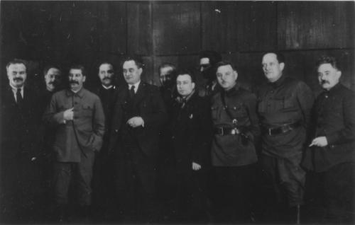 [Gathered in Stalin's Kremlin apartment to celebrate the Bulgarian communists Georgii Dimitrov, Blagoi Popov, and Vasil Tanev]