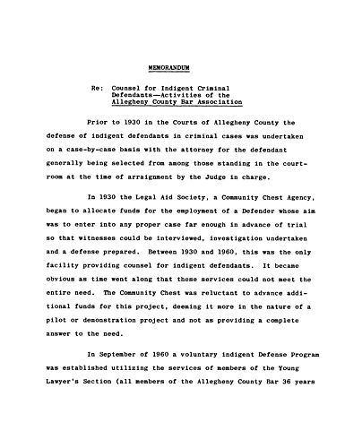 Thornburgh's Memorandum Regarding Counsel for Indigent Criminal Defendants--Activities of the Allegheny County Bar Association