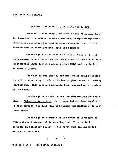 Thornburgh, Chairman of the Allegheny County Bar Association's Public Service Committee, criticized First Assistant District Attorney Dunn for his denunciation of tax-supported legal aid agencies