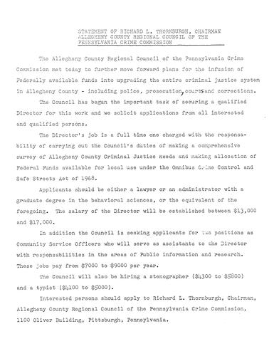 Allegheny County Regional Council of the PA Crime Commission met to further move forward plans for the infusion of federally available funds into upgrading the entire criminal justice system in Allegheny County,