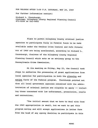Plans to permit Allegheny County criminal justice agencies to participate fully in federal funds to be made available under the Omnibus Crime Control and Safe Streets Act of 1968 are being accelerated