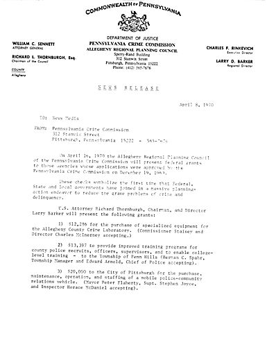 On April 16, 1970 the Allegheny Regional Planning Council of the PA Crime Commission will present federal grants to those agencies whose applications were approved by the PA Crime Commission on December 19, 1969