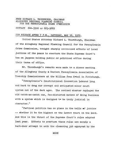 Thornburgh sharply criticized efforts of local Justices of the Peace to overturn the State Supreme Court's ban on jaypees holding public or political office during their terms of office