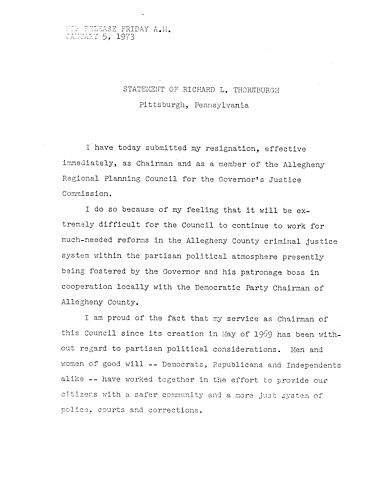 Thornburgh submitted resignation, effective immediately, as Chairman and as a member of the Allegheny Regional Planning Council for the Governor's Justice Commission