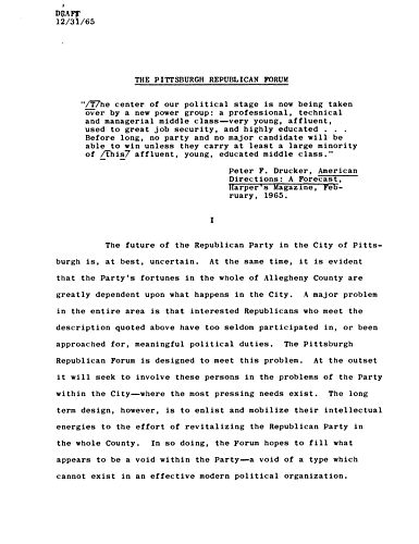 Proposed Allegheny County Republican Forum: draft memorandum by Dick Thornburgh and John Heinz, Co-chairmen of Committee
