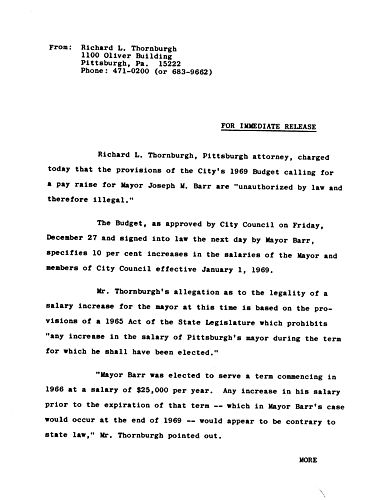 Thornburgh charged that provisions of the City's 1969 budget calling for a pay raise for Mayor Joseph M. Barr are "unauthorized by law and therefore illegal."
