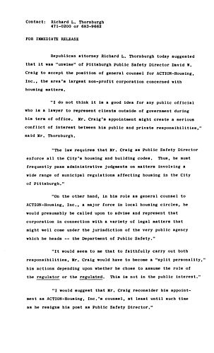 Thornburgh suggested that it was "unwise" of Pittsburgh Public Safety Director Craig to accept position of general counsel for ACTION-Housing, Inc., area's largest non-profit corporation concerned with housing matters,