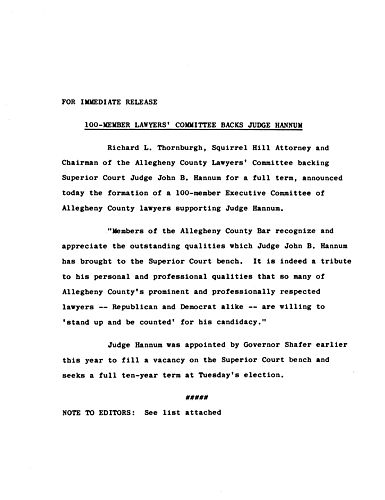 Judge John B. Hannum, Superior Court of Pennsylvania Campaign