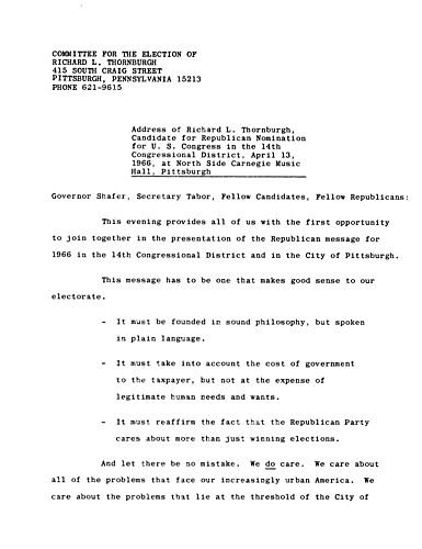 Address of Thornburgh, candidate for Republican nomination for U.S. Congress in the 14th Congressional District at North Side Carnegie Music Hall\, Pittsburgh