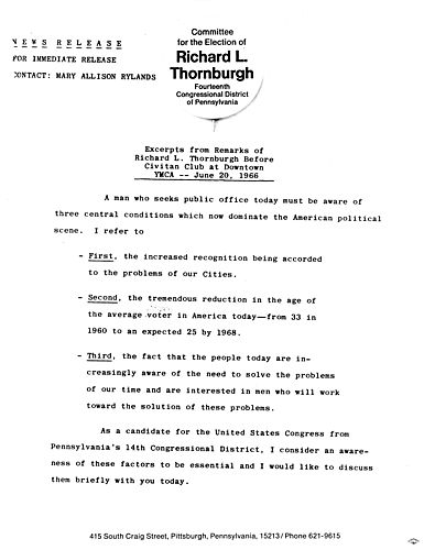 Excerpts from remarks of Thornburgh before Civitan Club at downtown YMCA, Pittsburgh