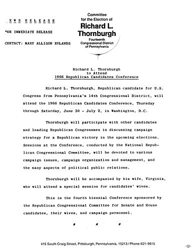 Thornburgh to attend 1966 Republican Candidates Conference,
