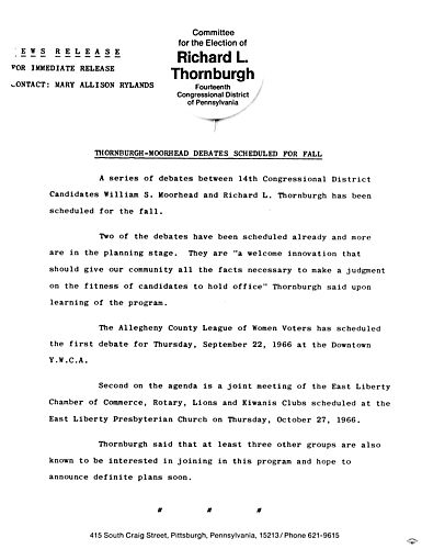 Thornburgh-Moorhead debates scheduled for fall,